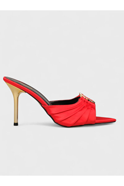 Sadık Yılmaz Women's summer 8cm thin heeled slippers - 230 56657-2 - red satin