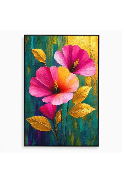 Luxcanva Tablou Canvas Flori Aurii 40x60 cm cu Rama Negru Flori Auriu Pictura