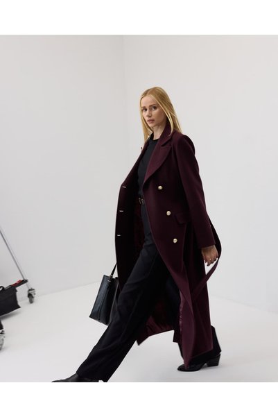 IDA Collection Medallion Buttoned Double-Breasted Coat Claret Red