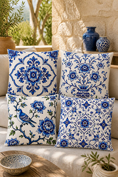 dekomingo Blue and White Tile Patterned Decorative Throw Pillow Cover Set (Do...