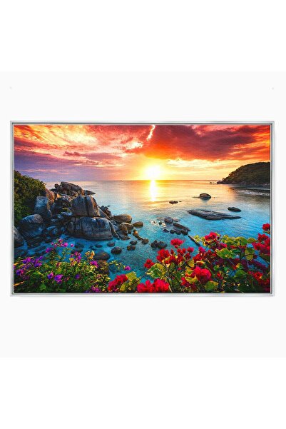 Luxcanva Tablou Canvas Apus Tropical 60x40 cm cu Rama Argintiu Apus Plaja Mare