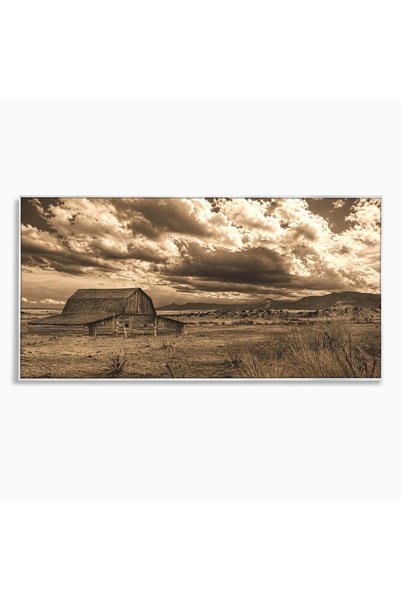 Luxcanva Tablou Canvas Peisaj Rustic Cu Hambar 140x70 cm cu Rama Argintiu Pei...