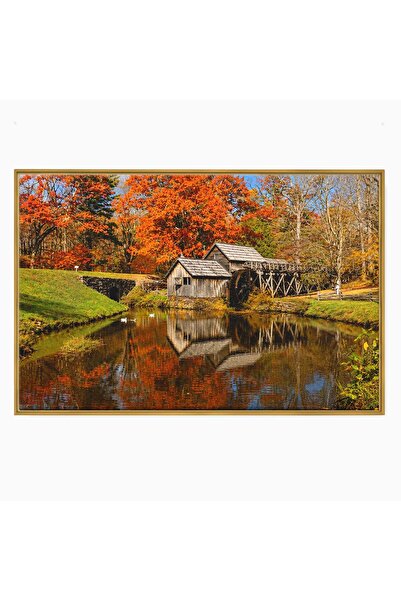 Luxcanva Tablou Canvas Moara De Toamna 100x70 cm cu Rama Auriu Moara Toamna N...