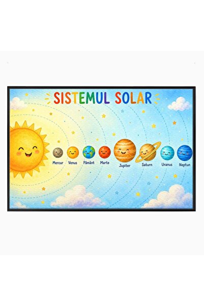 Luxcanva Tablou Canvas Sistemul Solar Fericit 70x50 cm cu Rama Negru Planete ...