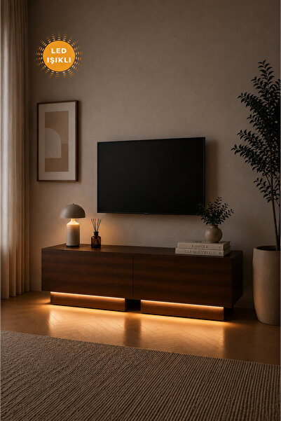 webotto 8 Alpiz Led Işıklı Koyu Ceviz Tv Ünitesi 2 kapaklı 87cm Modüler Tv Se...