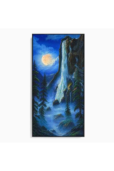 Luxcanva Tablou Canvas Cascada Sub Clar De Luna 60x120 cm cu Rama Negru Casca...