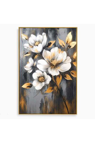 Luxcanva Tablou Canvas Flori Aurii Pe Fundal Gri 80x120 cm cu Rama Auriu Flor...