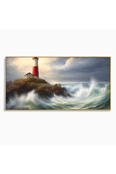 Luxcanva Tablou Canvas Farul De La Tarm 100x50 cm cu Rama Auriu Far Mare Peis...