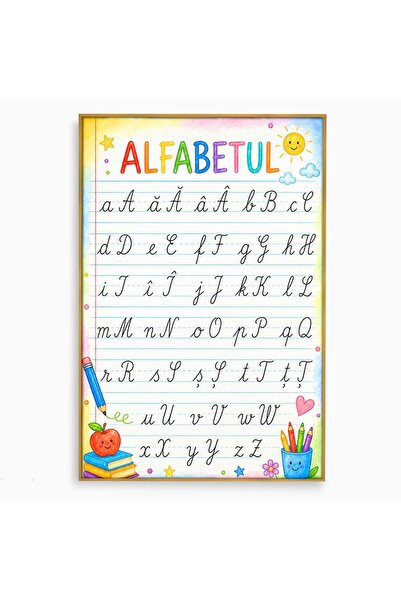 Luxcanva Tablou Canvas Alfabetul Copiilor 70x100 cm cu Rama Auriu Alfabet Edu...