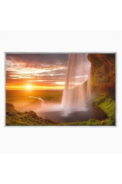 Luxcanva Tablou Canvas Cascada La Apus 100x70 cm cu Rama Argintiu Cascada Apu...