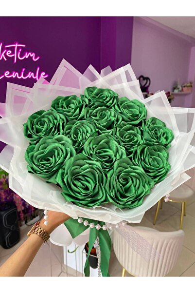 Buketim Seninle 13-Piece Green Pearl Non-Fading Rose Bouquet, Satin Flower, G...