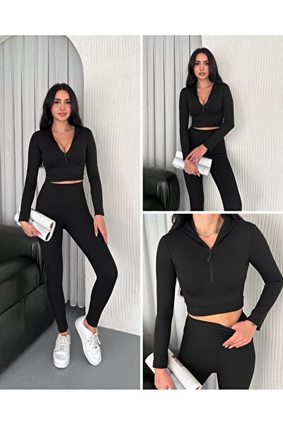 Elaxi Women's Ribbed Crop Hoodie & Leggings Set