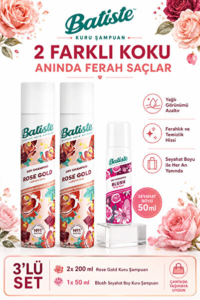 Batiste Rose Gold & Blush Kuru Şampuan 3'lü Set - 2x200 ml + 50 ml Seyahat Boy