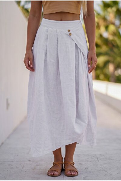 Chiccy White Pocketed Unlined Elastic Waist Casual Linen Look Asymmetrical Wo...