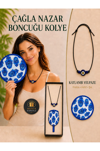 PULİNİN DÜKKANI Handmade Glass Evil Eye Bead Necklace – with Foldable Fan Gift