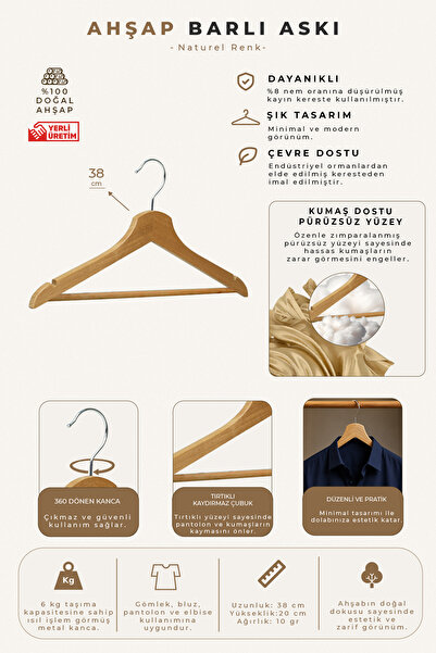 NYN Wooden M002-Çb 38cm Shirt and Trouser Hanger with Bar, 2 Pieces