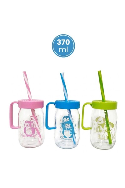 12den 3'lü Pipetli Kulplu Cam Çocuk Meşrubat Bardağı Seti, Figürlü Süt Meyve Suyu Su Bardağı 3x370 ml