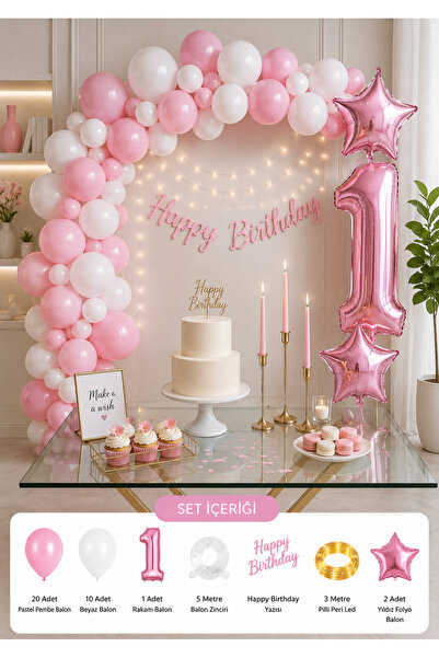 Parti Zamanı Pembe Beyaz Doğum Günü Balon Seti | 1 Yaş Rakamlı Happy Birthday...