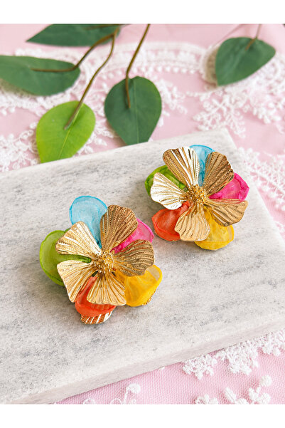 FLAWSOME JEWELRY STORE Flower Shaped Colorful Gold Gold Color Earrings Pinter...