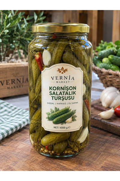 VERNİA Market Ev Yapımı Kornişon Salatalık Turşusu 1 Kg Cam Kavanoz