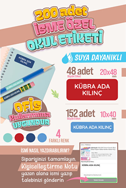 colortouch 200 Adet Kişiye Özel İsim Etiketi – Okul & Ofis Serisi, Defter, Ki...