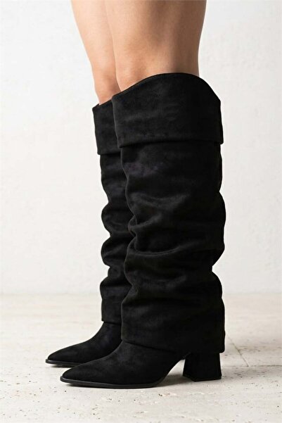 Les Passent Women's Santorini Black Suede Snap-On Boots with Drawstring Detail