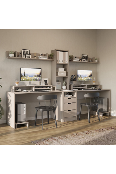 ROOMART Mode 3 Çekmeceli Kesonlu Çalışma Masası , Raflı Monitör Standlı Çalışma Ofis Masası , Bilgisayar Masası , 2 adet Raflı Çalışma Masası