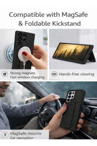 Coverscart Samsung Galaxy S24 Ultra Premium Silicone Case with Magnetic Stand & Finger Grip, Car Mount Compatible Kickstand Cover - Black
