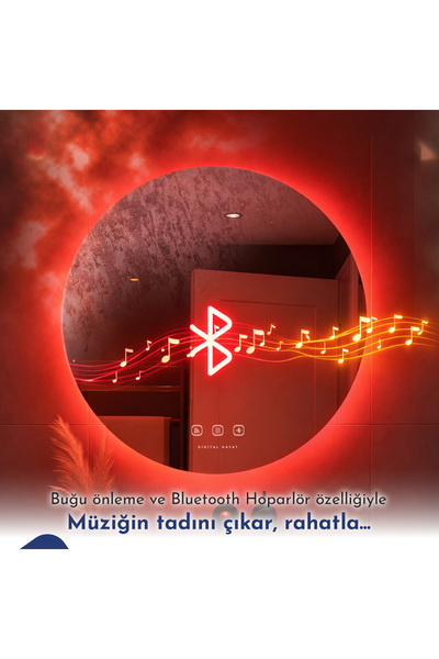 Digital Hayat Bluetooth Ayna Hoparlörlü Yuvarlak LED Akıllı Banyo Aynası - Bu...