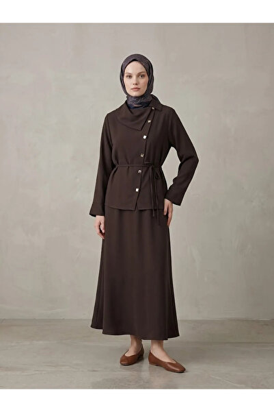 Foremia Cross Buttoned Skirt Suit-Brown