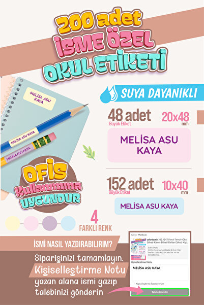 colortouch 200 Adet Kişiye Özel İsim Etiketi – Okul & Ofis Serisi, Defter, Ki...
