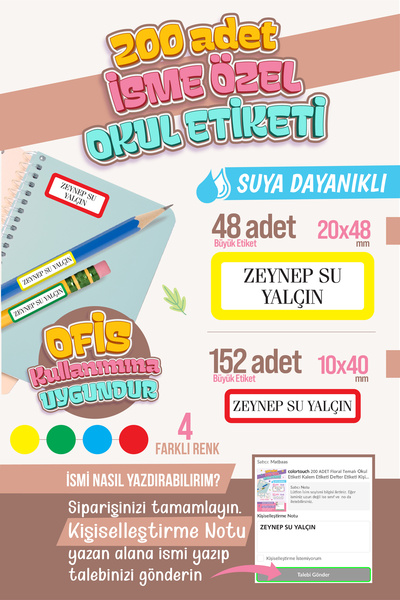 colortouch 200 Adet Kişiye Özel İsim Etiketi – Okul & Ofis Serisi, Defter, Ki...