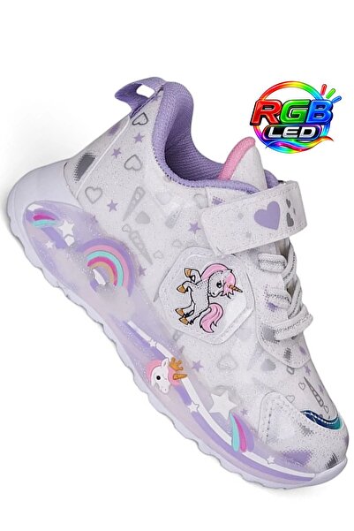 Kid's World Beyaz Kız Çocuk Işıklı Unicorn Spor Ayakkabı | Cırtlı Sneaker