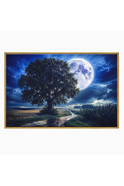 Luxcanva Tablou Canvas Luna Plina si Copacul Solitar 70x50 cm cu Rama Auriu C...
