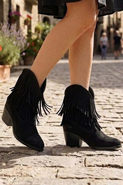 Les Passent Women's Josie Black Suede Tasseled 5 cm Heeled Cowboy Boots