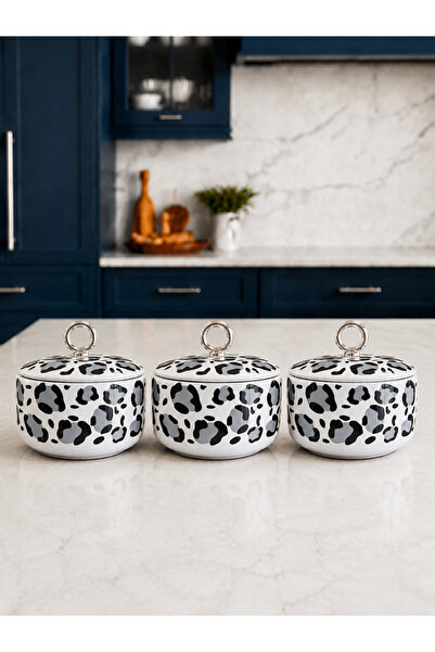 Bibo Home Kahvaltılık - 3 lü Set Seramik Gri Leopar Desenli Halka Zamaklı