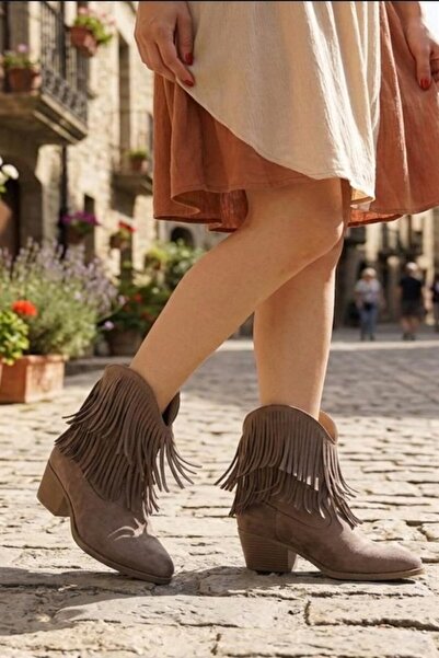 Les Passent Women's Josie Mink Suede Tasseled 5 cm Heeled Cowboy Boots