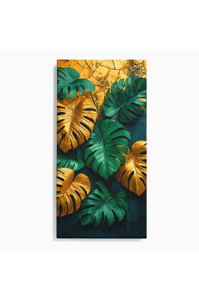 Luxcanva Tablou Canvas Frunze Tropicale Aurii 60x120 cm pe Sasiu Lemn Frunze ...
