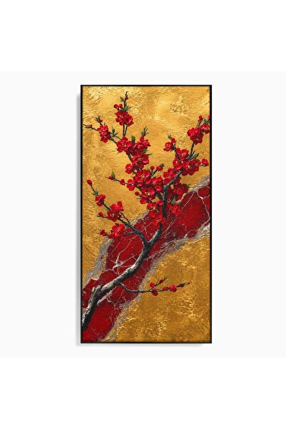 Luxcanva Tablou Canvas Sakura Pe Fundal Auriu 50x100 cm cu Rama Negru Sakura ...