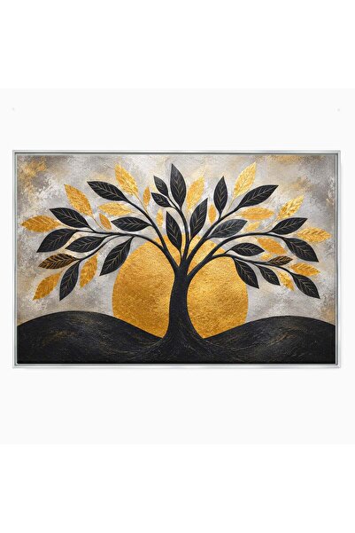 Luxcanva Tablou Canvas Copacul De Aur 100x70 cm cu Rama Argintiu Copac Abstra...