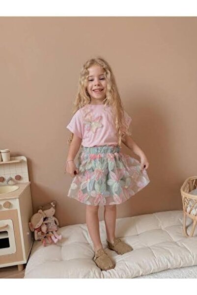 aykidsclup Girl's Top and Bottom Set with Floral Patterned Skirt 2535-Y