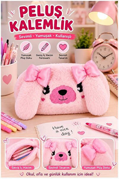Artmaster Pembe Peluş Tatlı Köpek Fermuarlı Tek Bölmeli Kız Kalemlik 1 Adet T...