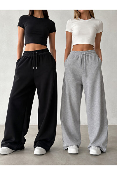 CAONNES Women's Seasonal 2-Piece Sweatpants (Black-Grey) Oversize Comfortable Fit Wide Leg Washable Non-Pilling