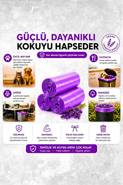 Tasarım Evi Büzgülü Çöp Poşeti Lavanta Kokulu 65×70 cm Büyük Boy 5 Rulo Dayanıklı Sızdırmaz Kalın Çöp Torbası