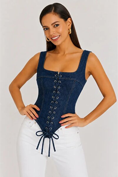 Cool & Sexy Retro Denim Lace-Up Corset – Navy Blue