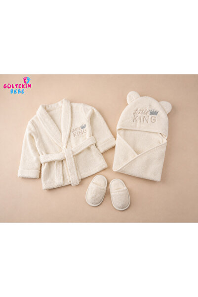 gültekin bebe Bebessi Kıng Nakışlı Erkek Bebek Bornoz Seti -CA4243594 - EKRU