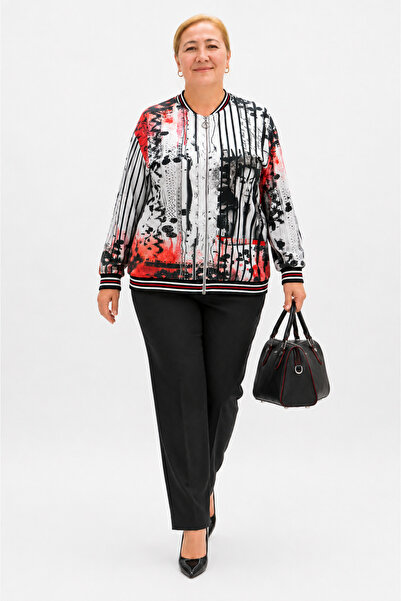 Trieste Μεγάλο μέγεθος, πέτρινο κεντημένο εμπριμέ γυναικείο σακάκι με φερμουάρ