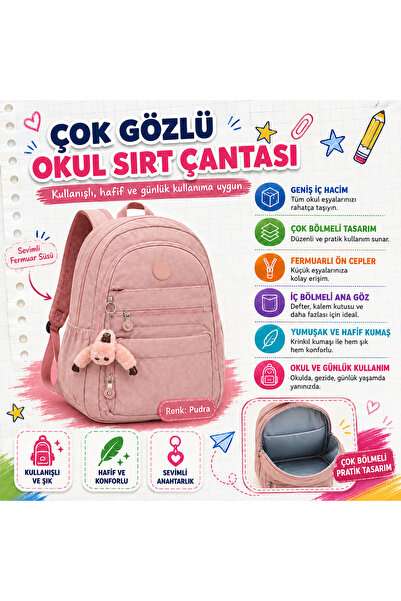 kruxon Multi-Compartment Crinkle School Backpack – Cute Zipper Decor, Lightwe...