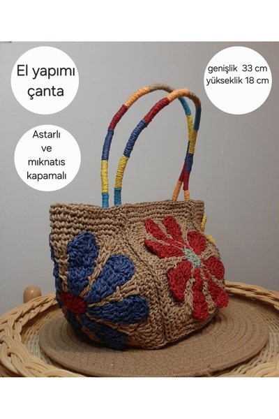 Atölye Barba ELYAPIMI BOHEM HASIR ÇİÇEK MOTİFLİ ÇANTA