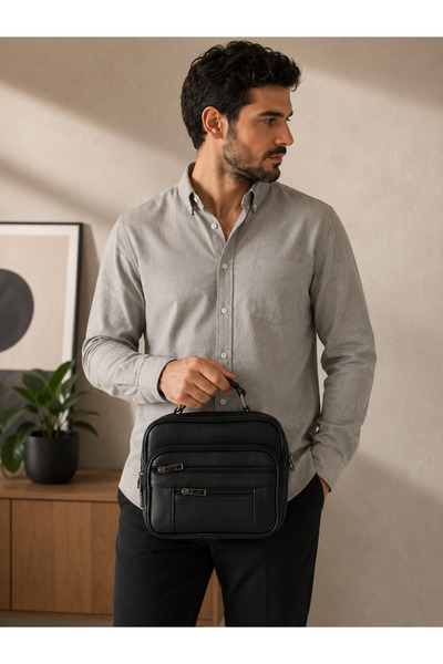 EdButikModa Genuine Lambskin Men's Handbag Black Multi-Compartment Portfolio Bag